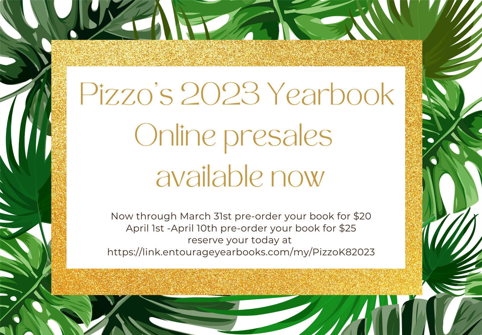  green leaves with gold accents and the link to purchase yearbooks 